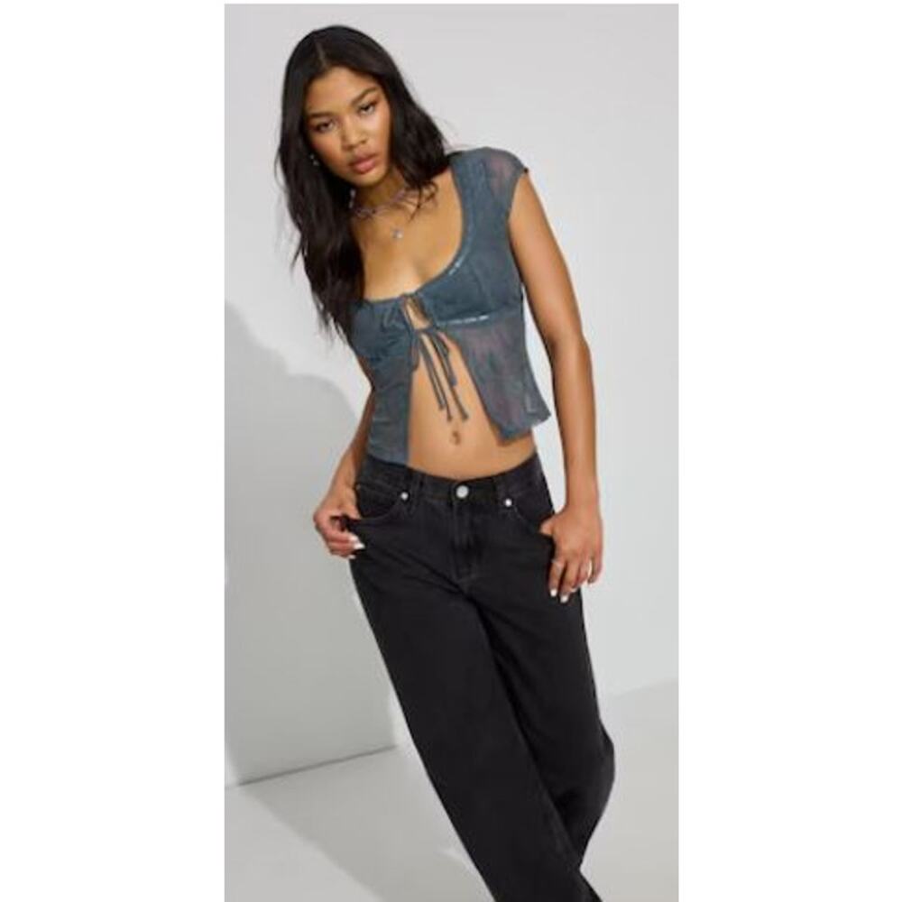 Garage Small Embroidered Mesh Tie Front Short Sleeve Top Blue